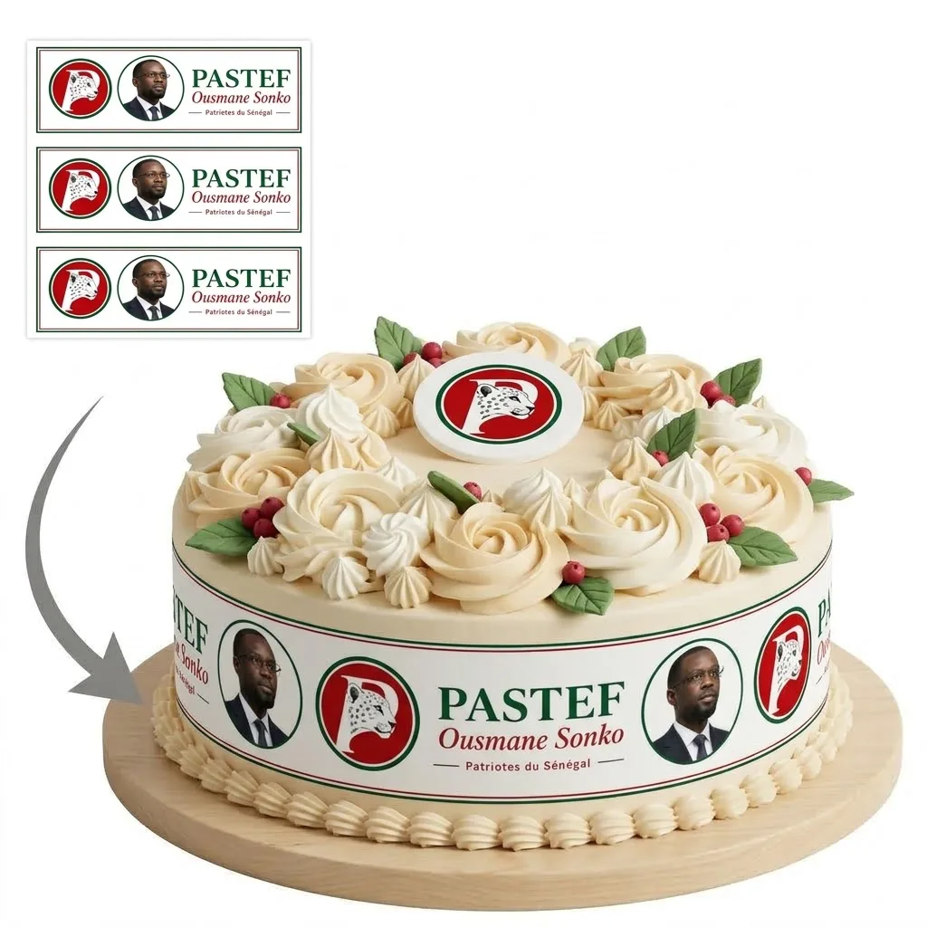 Impression Photo Comestible Personnalisée – Bandes de Contour pour Gâteau Thème PASTEF & Ousmane Sonko en Papier Sucre