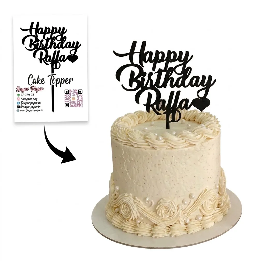 Cake Topper Happy Birthday Calligraphie Noir – Prénom & Petit Cœur Personnalisés