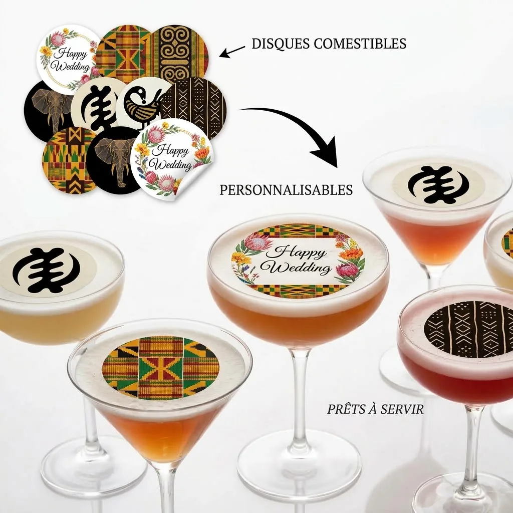 Lot de 12 Disques Comestibles Personnalisés sur Papier Sucre pour Cocktails et Boissons