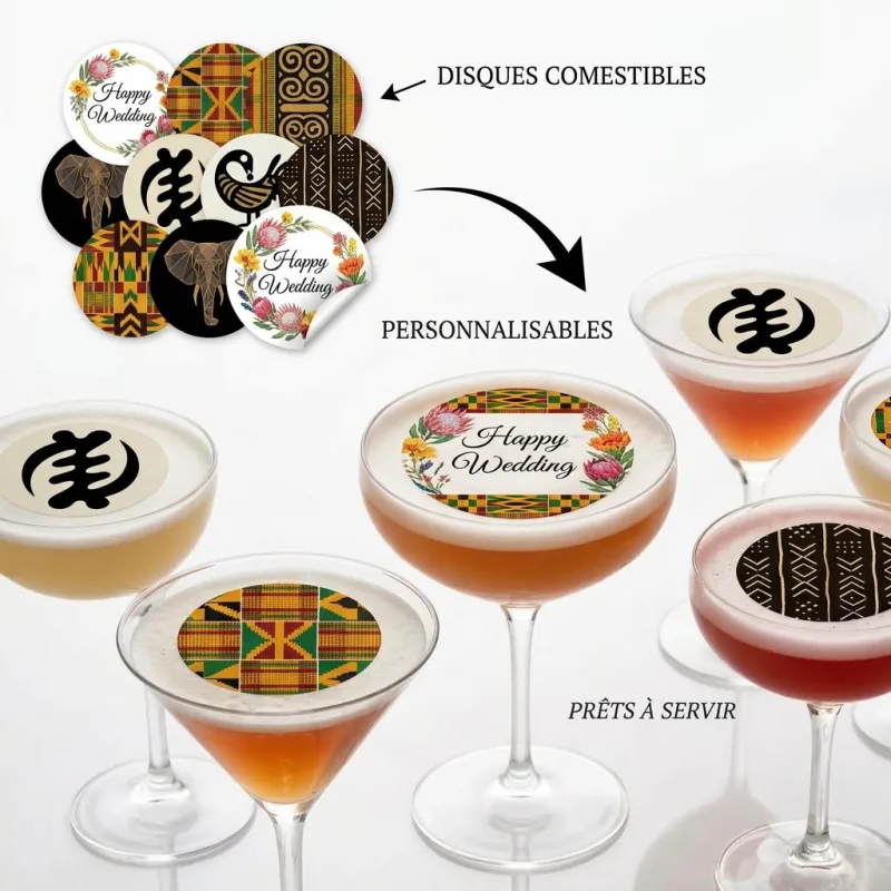 Lot de 12 Disques Comestibles Personnalisés sur Papier Sucre pour Cocktails et Boissons