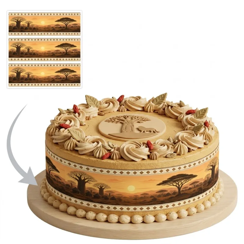 Impression Photo Comestible Personnalisée – Bandes de Contour pour Gâteau Thème Savane Africaine & Baobabs au Coucher de Soleil en Papier Sucre