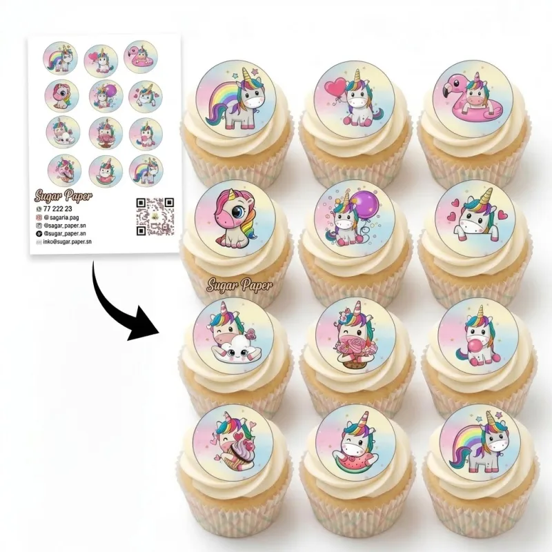 12 disques photo impression comestible Licorne pour cupcakes & biscuits