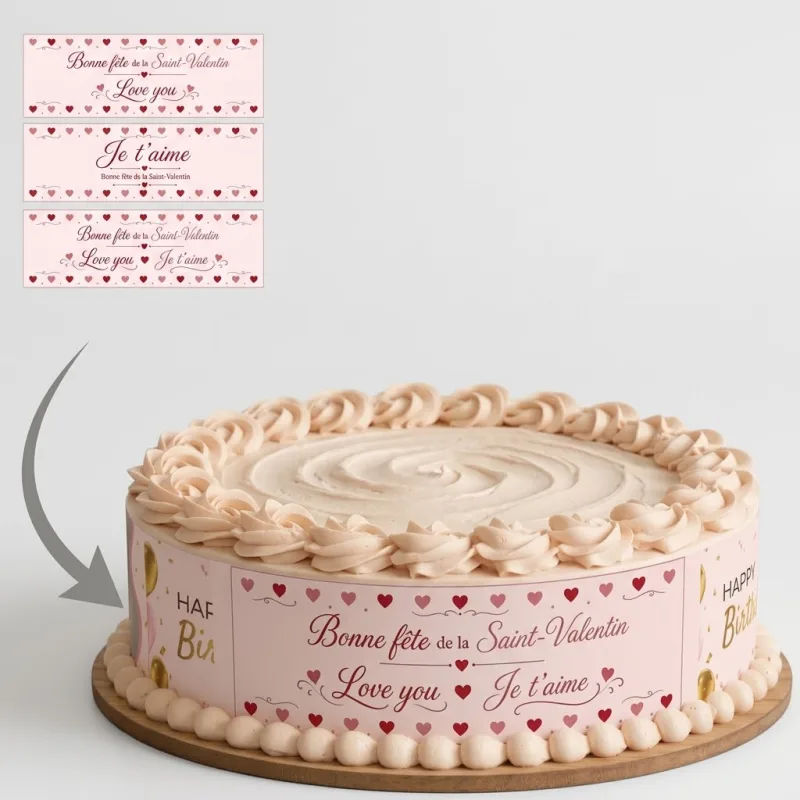 Impression Photo Comestible Personnalisée – Bandes de Contour pour Gâteau Thème Saint-Valentin & Cœurs d'Amour en Papier Sucre