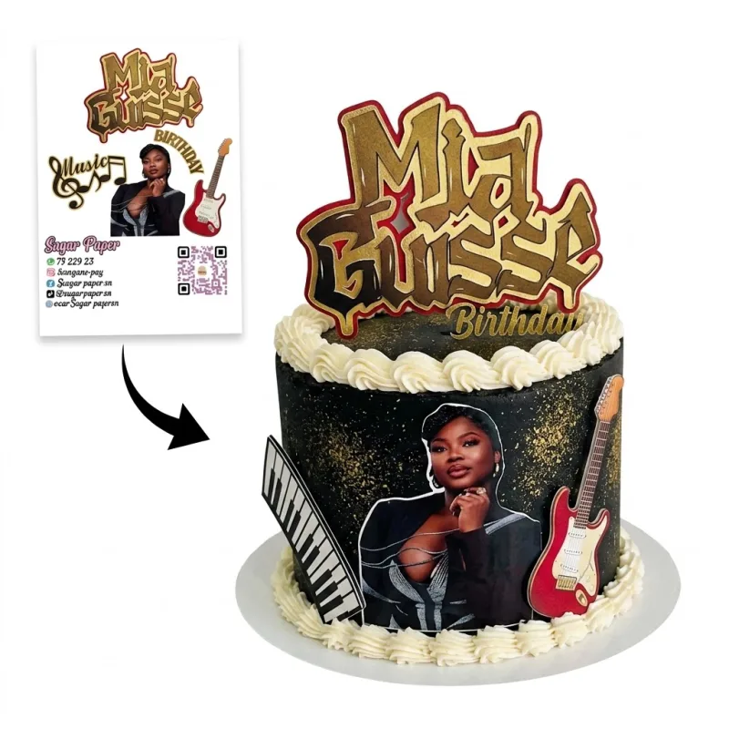 Cake Topper Thème Musique & Artiste Urbain – Prénom Tag Doré, Photo & Décor Façade Guitare / Piano