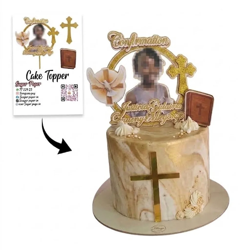 Cake Topper Confirmation 3D – Photo Personnalisée, Symboles Sacrés & Croix Façade