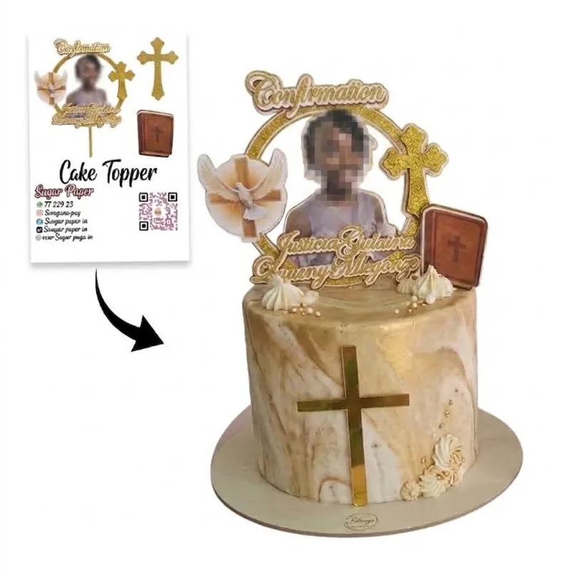Cake Topper Confirmation 3D – Photo Personnalisée, Symboles Sacrés & Croix Façade